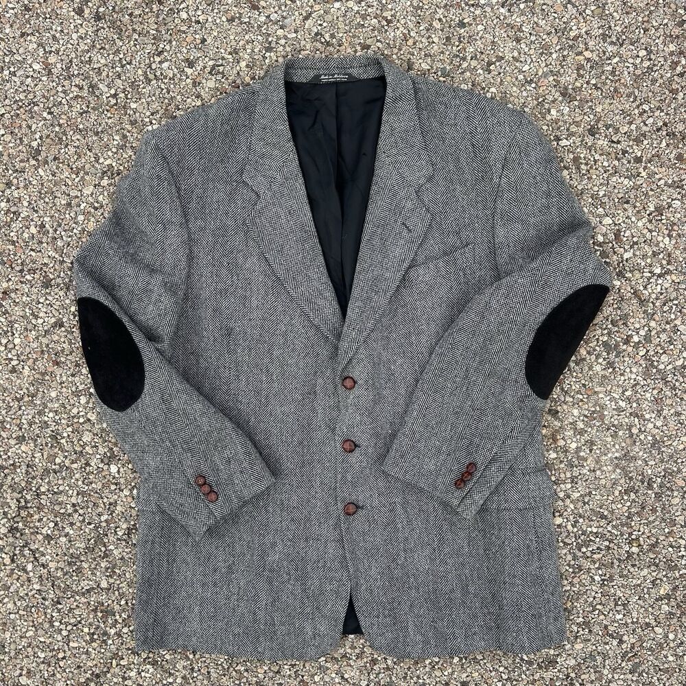Vintage JD Christopher Wool Herringbone Blazer Mens 48L Jacket Elbow Patches 90s